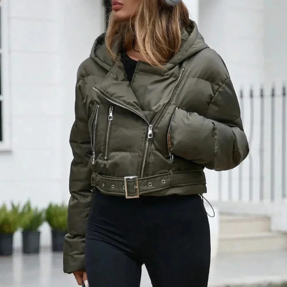 Army Green Casual Women's Hooded Asymmetric Zip-Up Belted Short Padded Coat - Picture 8 of 8